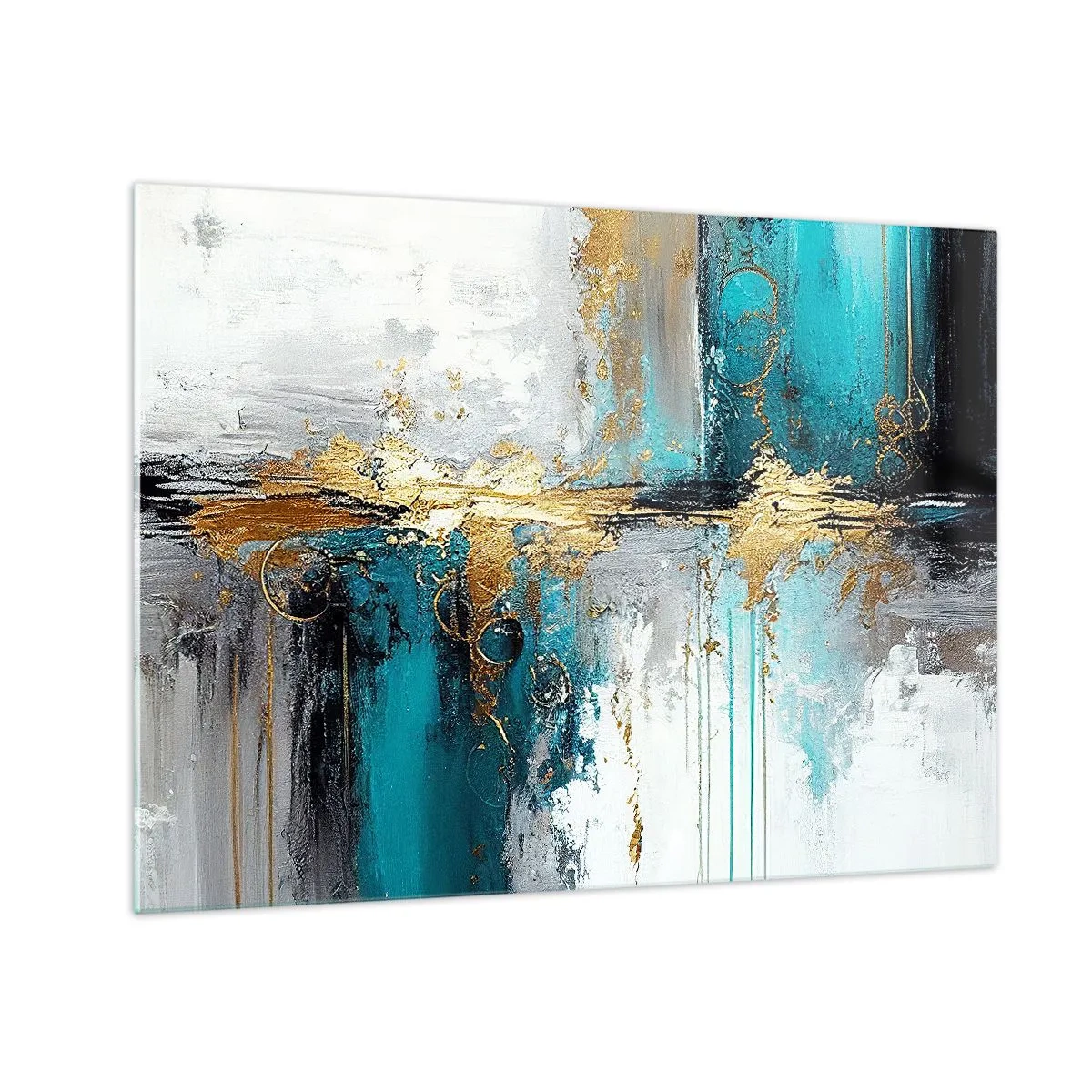 Schilderen op glas - Abstractie met turquoise en goud op een witte achtergrond - 70x50cm - Alles vloeit - Moderne wanddecoratie voor woonkamer en slaapkamer ARTTOR