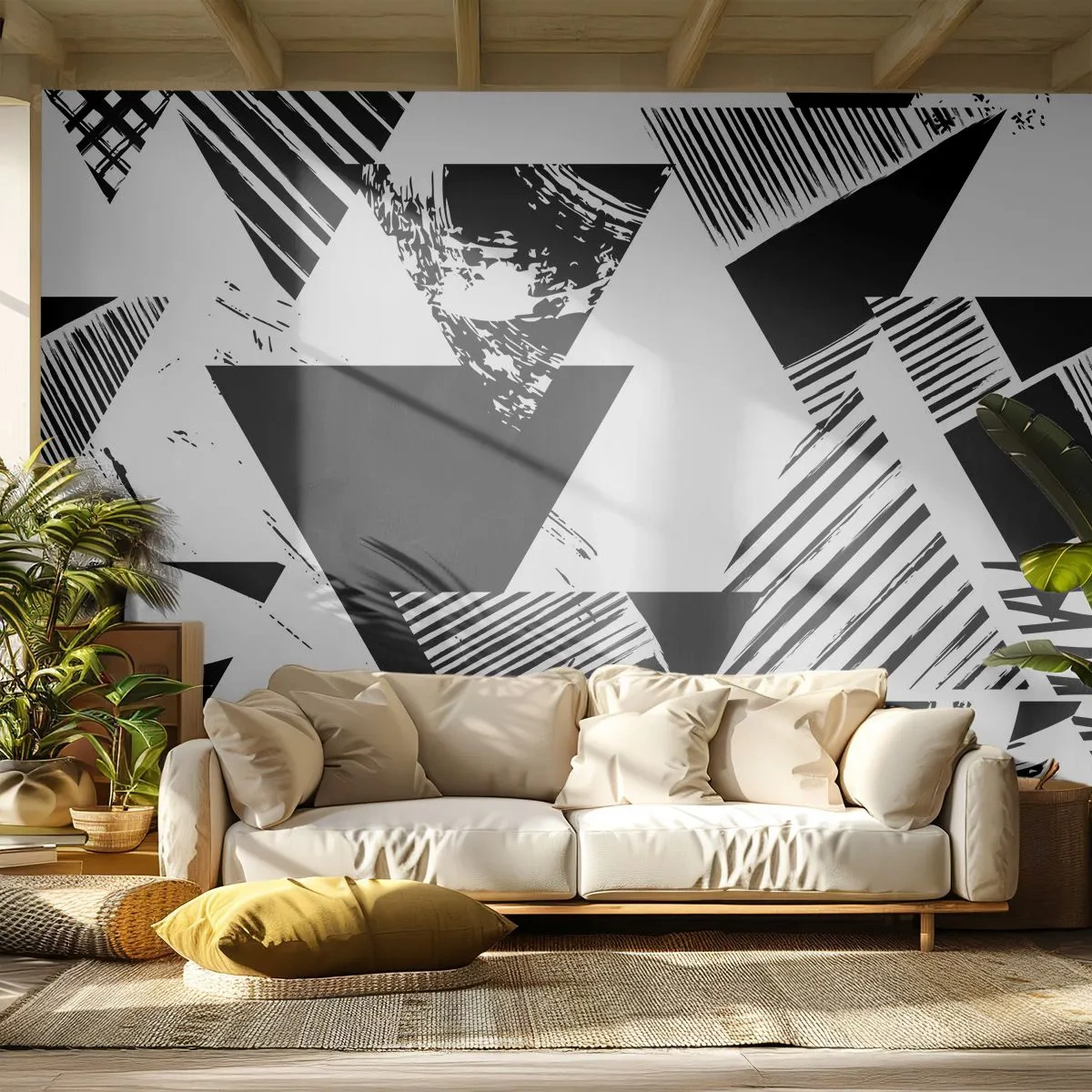 Zelfklevend Fotobehang Deluxe Sticker - Regen van driehoeken - Abstractie, Grafisch, Zwart en wit - 250x175 cm