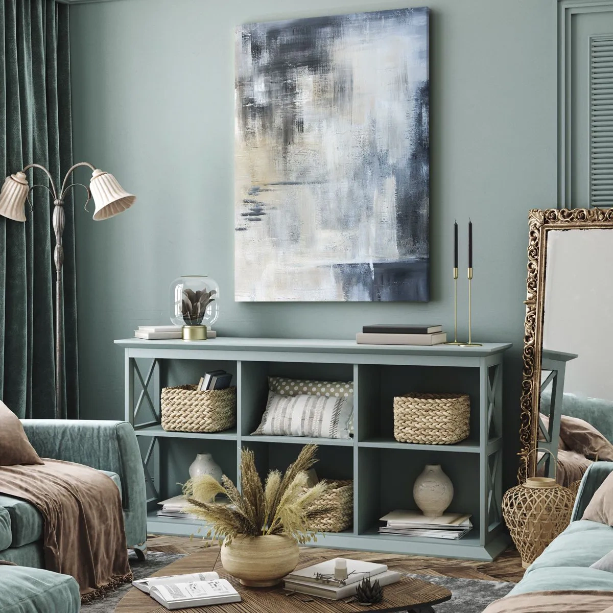 Schilderen op canvas - Achter het blauwe gordijn - 55x100 cm