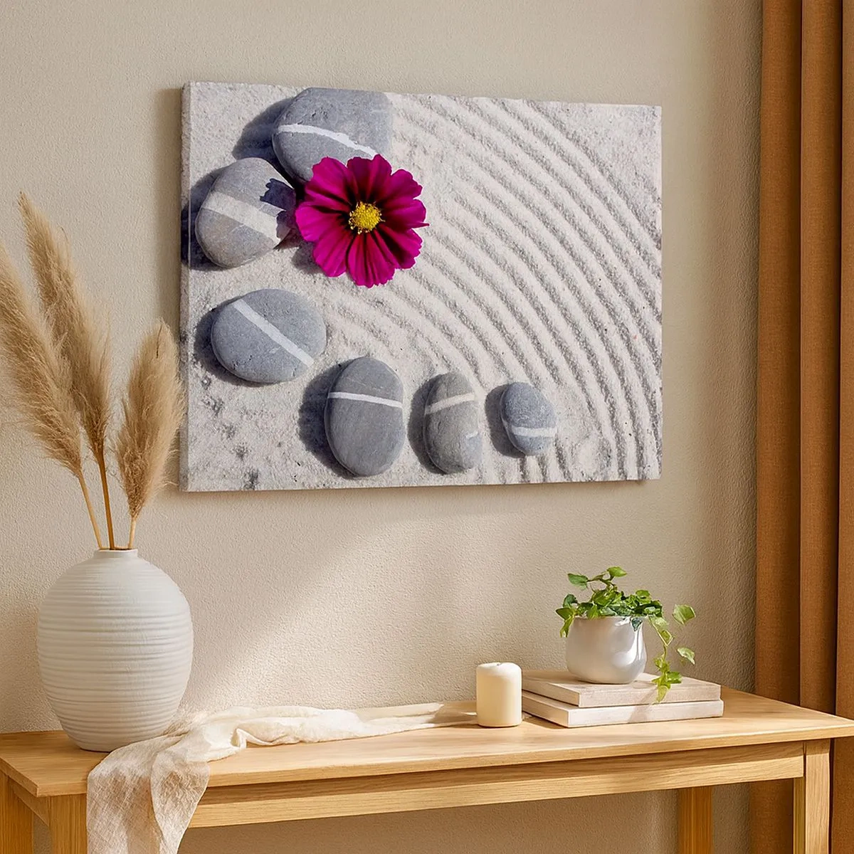 Schilderen op canvas - Stenen en een roze bloem op het zand in zenstijl - 70x50cm - Energie en rust van de magische cirkel van de natuur - Moderne wanddecoratie voor woonkamer en slaapkamer ARTTOR