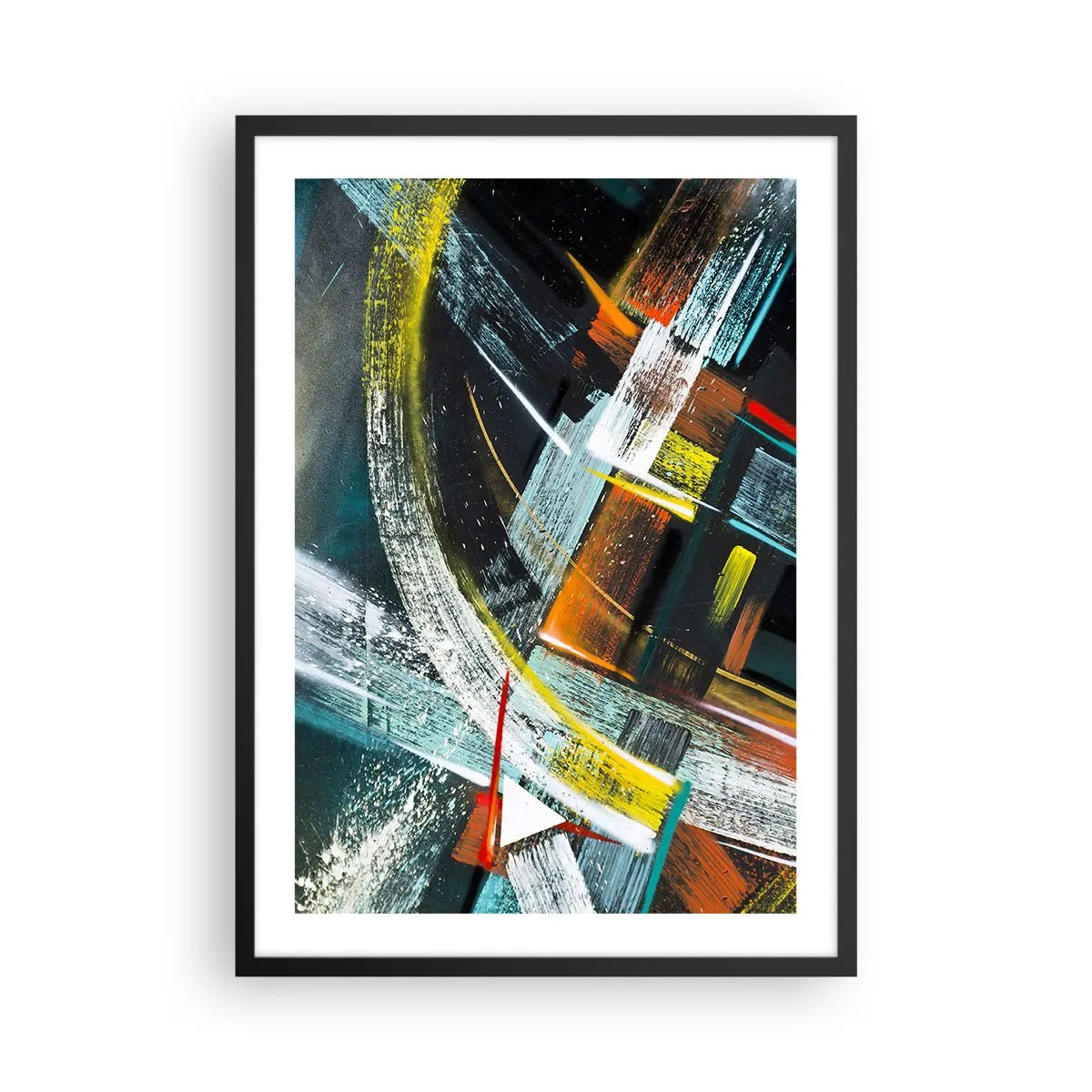 Poster in een zwarte lijst - Abstractie in intense kleuren met geometrische vormen - 50x70cm - De energie van beweging - Moderne wanddecoratie voor woonkamer en slaapkamer ARTTOR