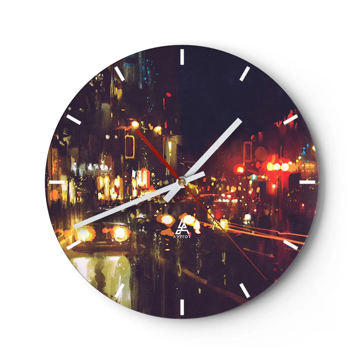 Wandklok - Klok - Nachtscène van de stad met kleurrijke lichten en straat - 30x30cm - Ondergedompeld in de lichten van de nacht - Moderne wanddecoratie voor woonkamer, keuken en slaapkamer ARTTOR