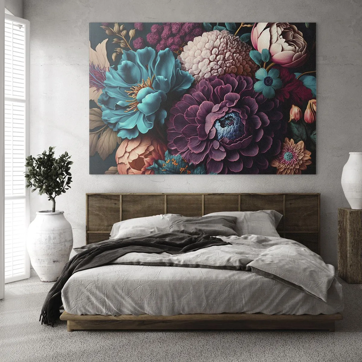 Schilderen op glas - Een rijke compositie van bloemen in intense kleuren - 70x50cm - Natuur in overvloed - Moderne wanddecoratie voor woonkamer en slaapkamer ARTTOR