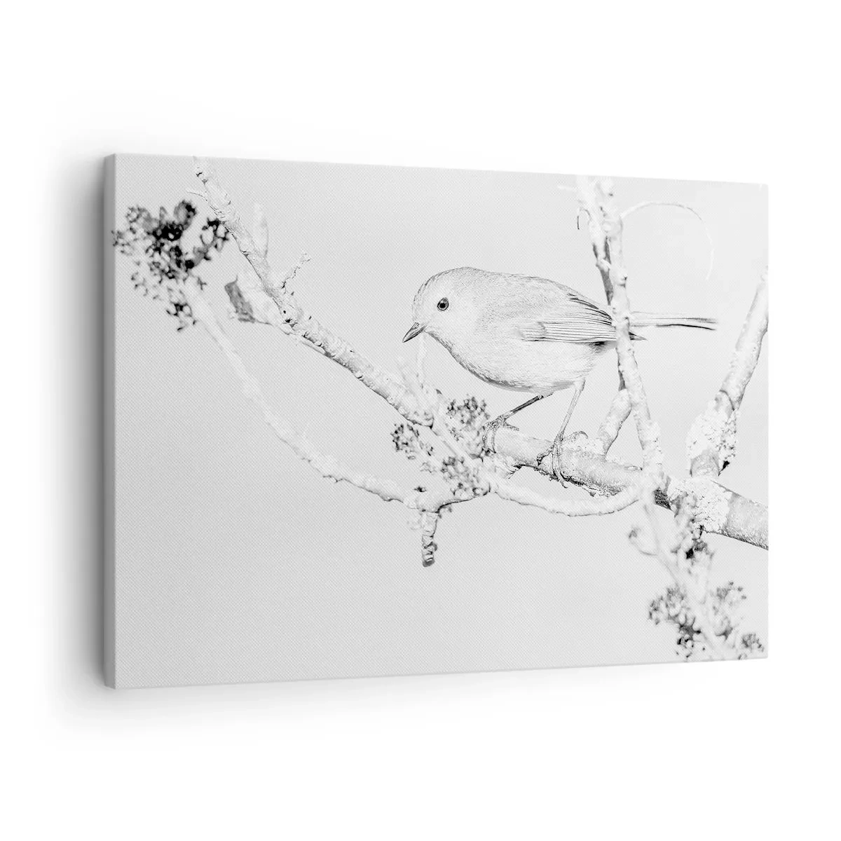 Schilderen op canvas - Vogel op een tak in zwart-wit met een minimalistische stijl - 70x50cm - Winterochtend - Moderne wanddecoratie voor woonkamer en slaapkamer ARTTOR