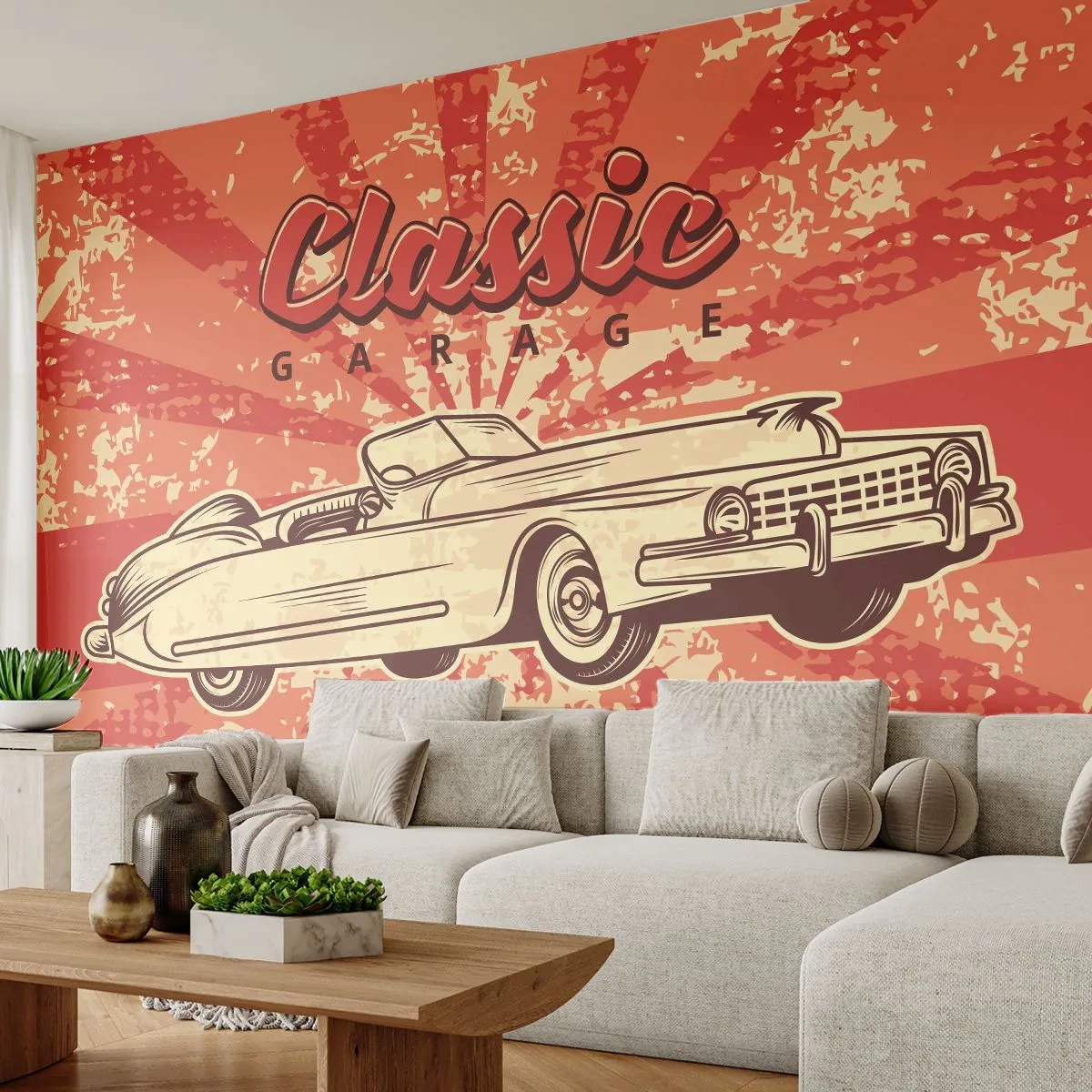 Fotobehang Standard Eco - En op de radio, Elvis - Auto, Cabriolet, Reizen - 500x350 cm