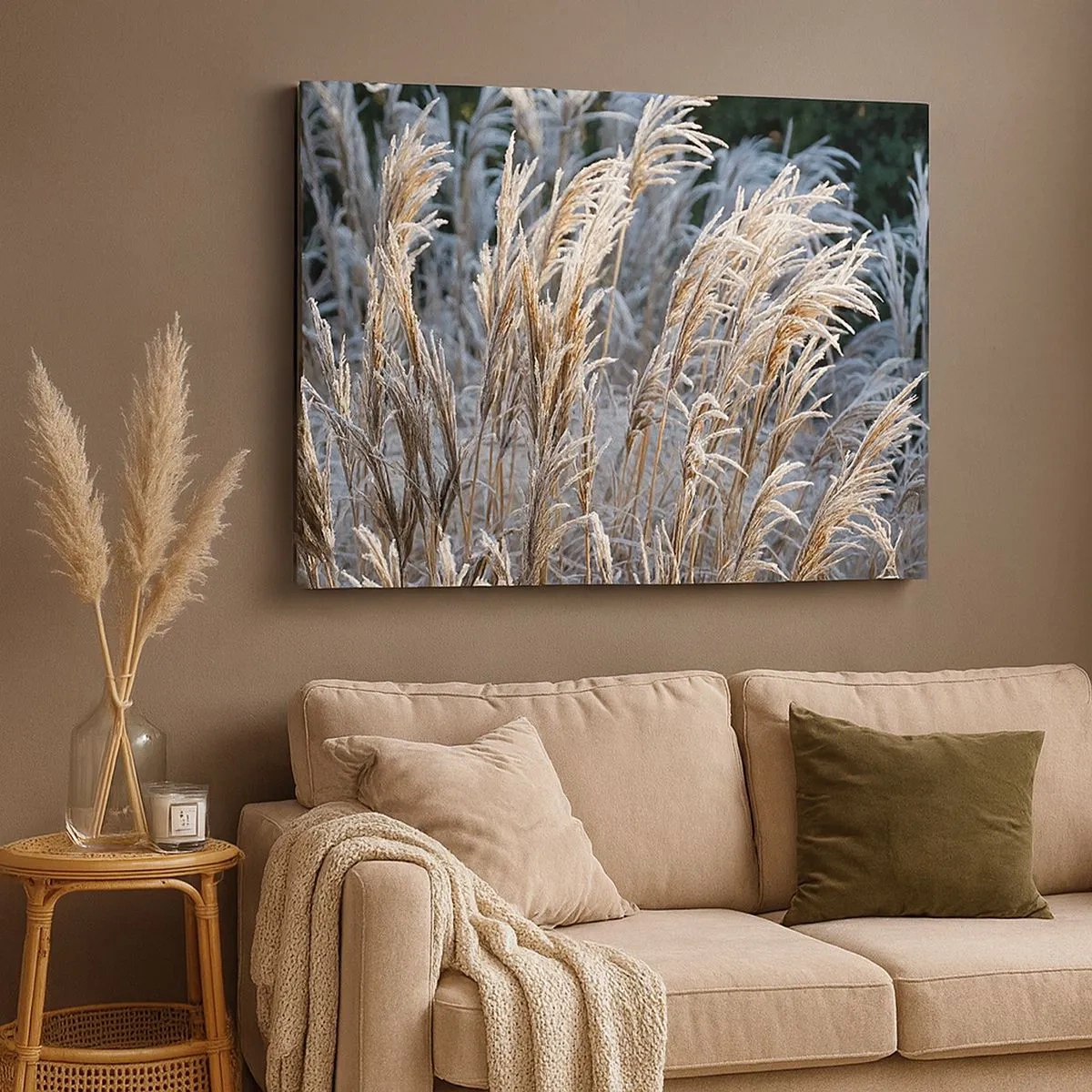 Schilderen op canvas - Winterse grassprieten bedekt met rijp tegen een donkergroene achtergrond - 70x50cm - Gekleed met vorst - Moderne wanddecoratie voor woonkamer en slaapkamer ARTTOR