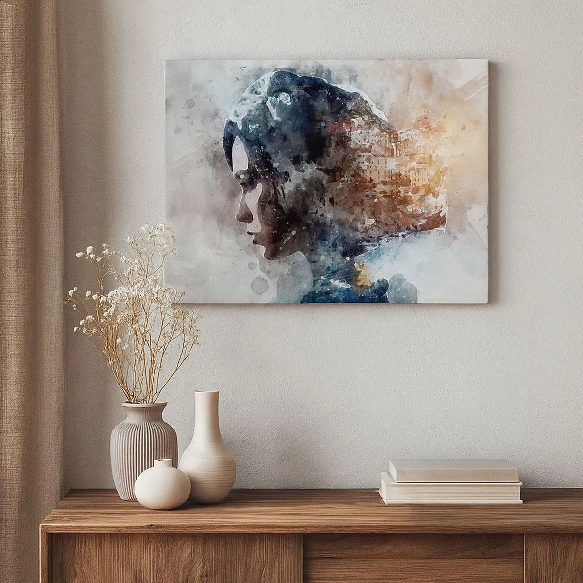 Schilderen op canvas - Portret van een vrouw die haar gezicht combineert met een stedelijk landschap op de achtergrond - 70x50cm - Een verhaal over een meisje met een stad op de achtergrond - Moderne wanddecoratie voor woonkamer en slaapkamer ARTTOR