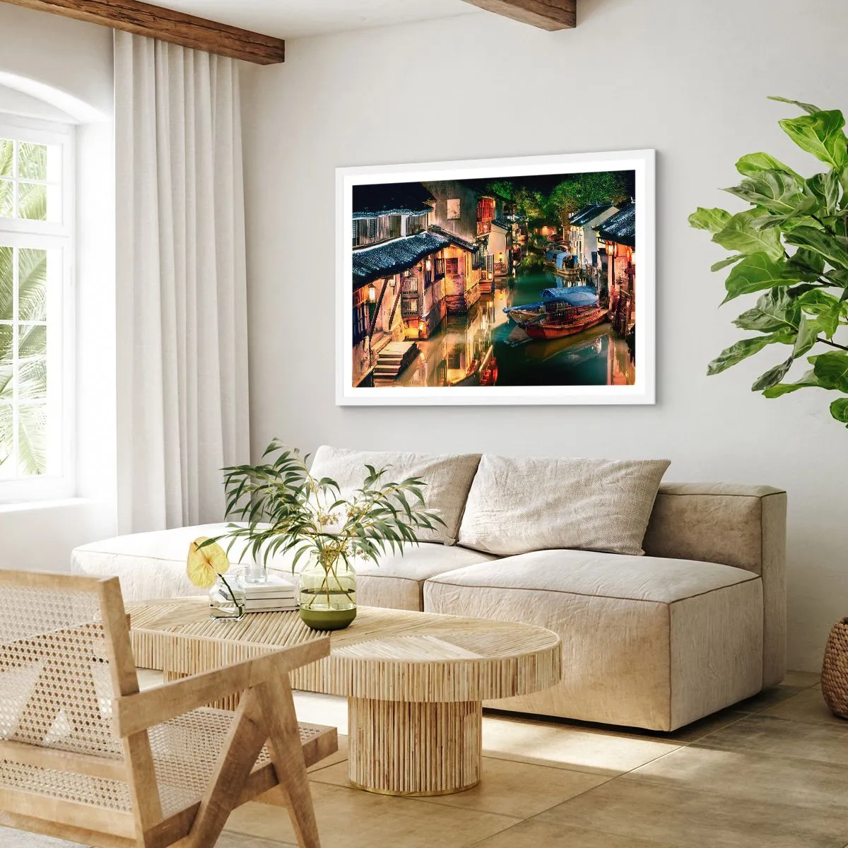 Poster in een witte lijst - Een avond op een Chinese straat - 50x40 cm