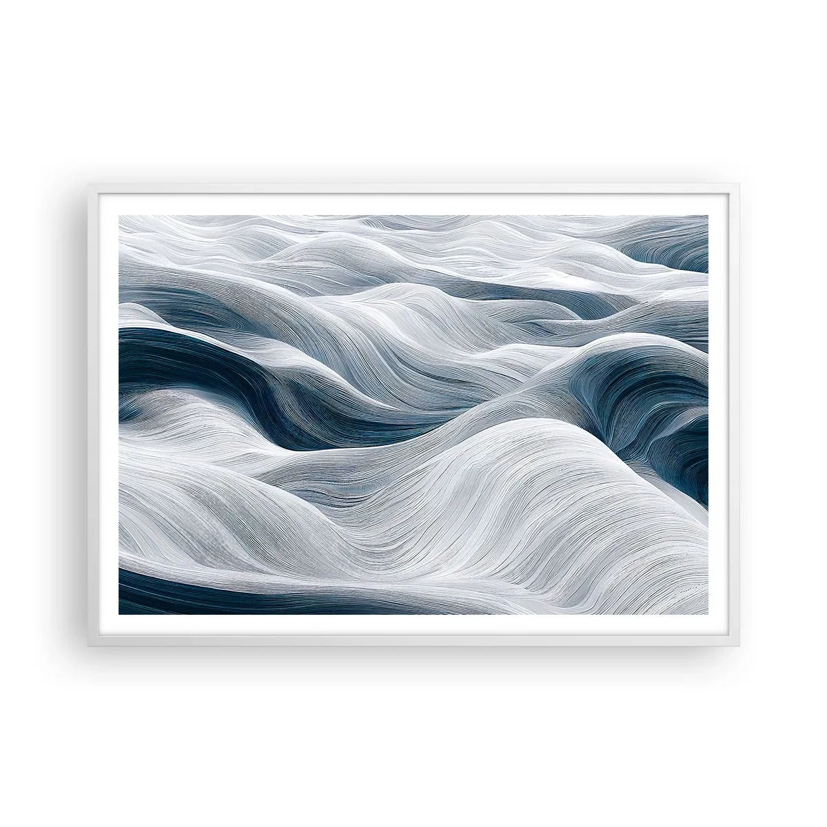 Poster in een witte lijst - Witte en blauwe golven - 100x70 cm