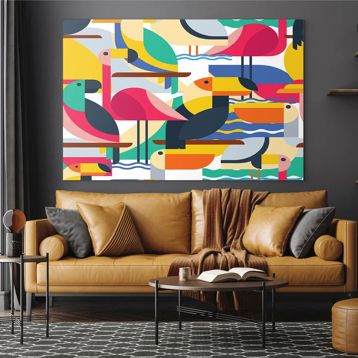 Schilderen op glas - Abstracte illustratie van kleurrijke vogels in geometrische stijl - 70x50cm - Vogelfeestje - Moderne wanddecoratie voor woonkamer en slaapkamer ARTTOR