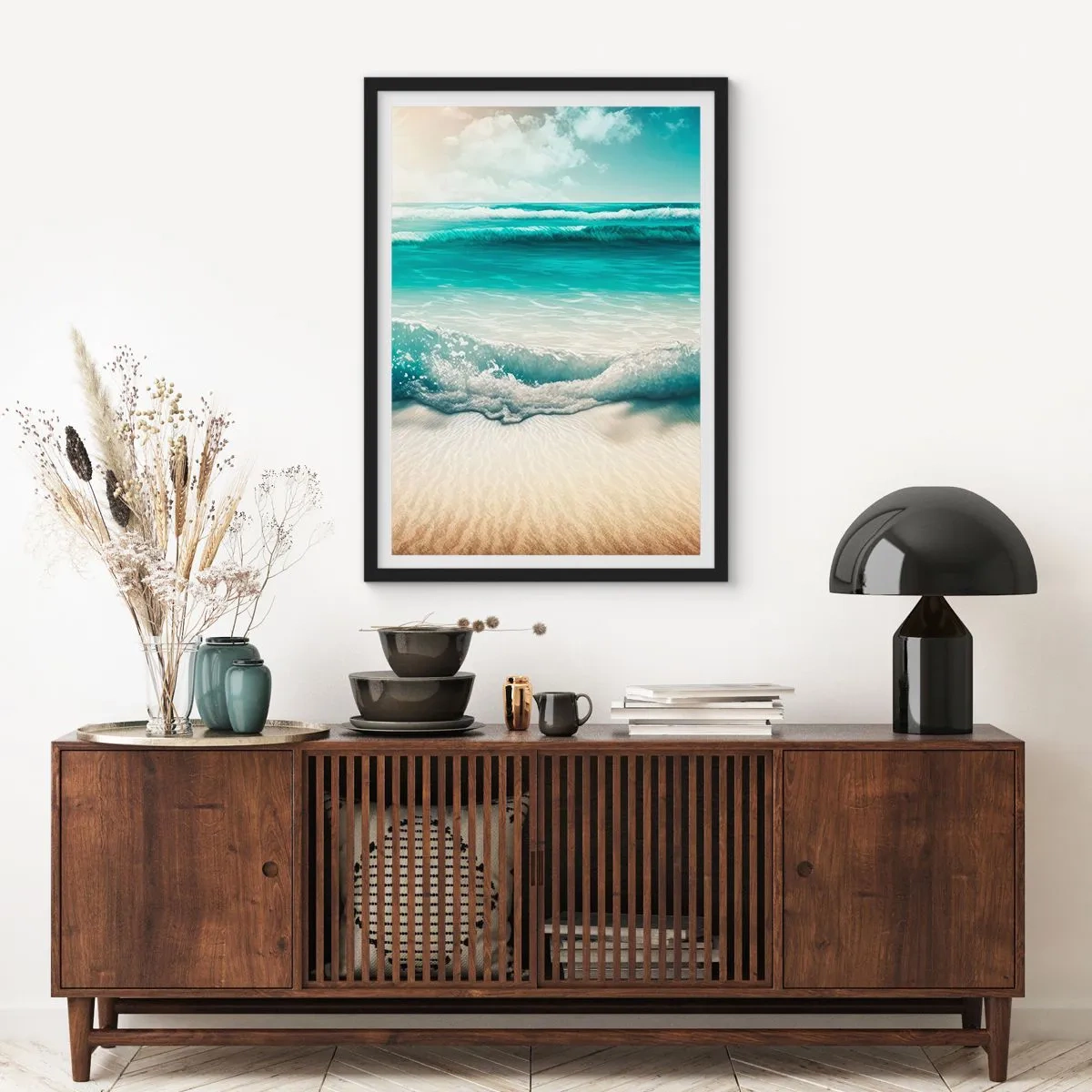 Poster in een zwarte lijst - Turquoise golven die op het gouden zand van het strand beuken - 50x70cm - De vrede van de oceaan - Moderne wanddecoratie voor woonkamer en slaapkamer ARTTOR
