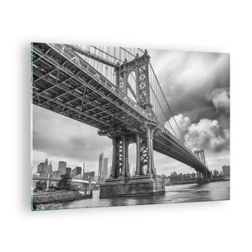 Schilderen op glas - Een hangbrug in een monochrome setting - 70x50cm - Naar het hart van de stad - Moderne wanddecoratie voor woonkamer en slaapkamer ARTTOR