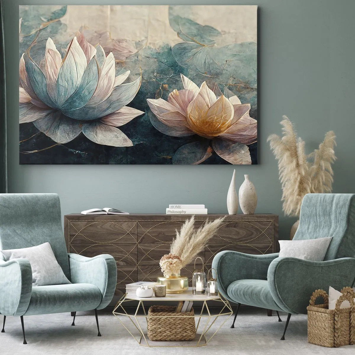 Schilderen op canvas - Subtiele waterlelies in pasteltinten blauw en goud - 70x50cm - Sterren van het meer - Moderne wanddecoratie voor woonkamer en slaapkamer ARTTOR