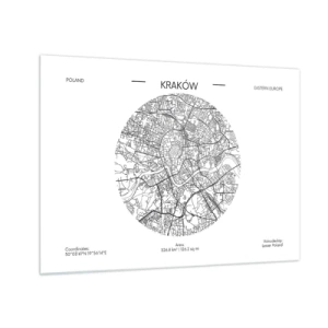 Schilderen op glas - Een kaart van Krakau in een zwart-witillustratiestijl - 70x50cm - Anatomie van Krakau - Moderne wanddecoratie voor woonkamer en slaapkamer ARTTOR