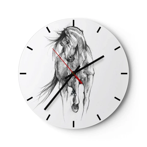Wandklok - Klok - Een potloodschets van een galopperend paard op een witte achtergrond. - 30x30cm - In een sierlijke draf - Moderne wanddecoratie voor woonkamer, keuken en slaapkamer ARTTOR