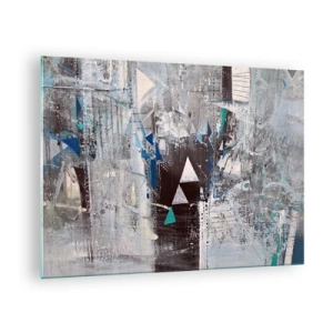 Schilderen op glas - Geometrische driehoeken tegen de achtergrond van een abstracte compositie in grijstinten. - 70x50cm - Overschrijvende volgorde van driehoeken - Moderne wanddecoratie voor woonkamer en slaapkamer ARTTOR
