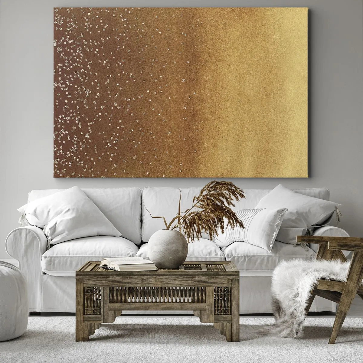 Schilderen op canvas - Een gouden gradiënt met subtiele glans en versieringen - 70x50cm - De geboorte van het licht - Moderne wanddecoratie voor woonkamer en slaapkamer ARTTOR