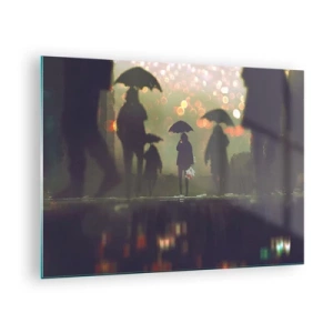 Schilderen op glas - Figuren met paraplu's in de regen tegen de achtergrond van stadslichten - 70x50cm - Vanuit het perspectief van een regendruppel - Moderne wanddecoratie voor woonkamer en slaapkamer ARTTOR