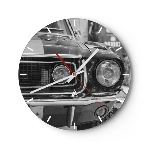 Wandklok - Klok - Zwart-witte grafische afbeelding van een klassieke auto aan de voorkant - 30x30cm - Hard rijden - Moderne wanddecoratie voor woonkamer, keuken en slaapkamer ARTTOR