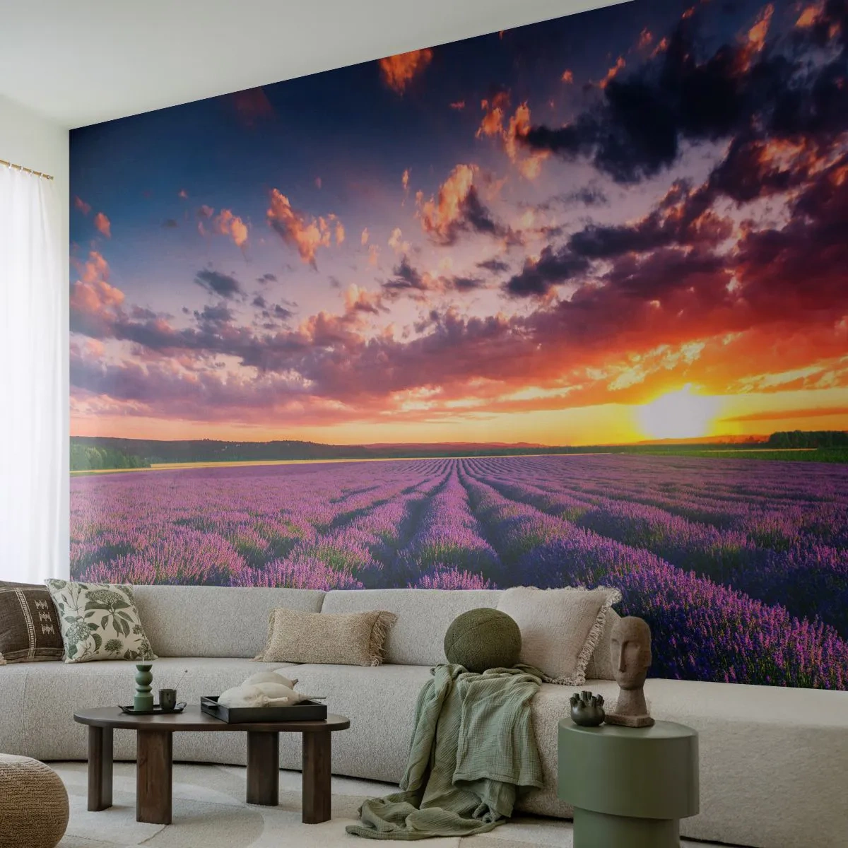 Fotobehang Standard Eco - Lavendelveld bij zonsondergang - 100x70cm - Lavendel wereld - Moderne wanddecoratie voor woonkamer en slaapkamer ARTTOR