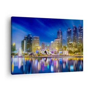 Schilderen op canvas - Nachtpanorama van de stad met licht weerspiegeld op het water - 70x50cm - Regenboognacht in de metropool - Moderne wanddecoratie voor woonkamer en slaapkamer ARTTOR