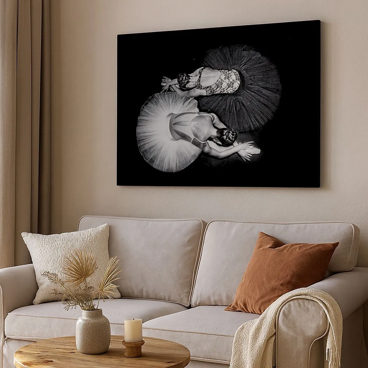 Schilderen op canvas - Een zwart-witfoto van twee ballerina's in een dynamische pose. - 70x50cm - Jin en Jang - perfecte balans - Moderne wanddecoratie voor woonkamer en slaapkamer ARTTOR