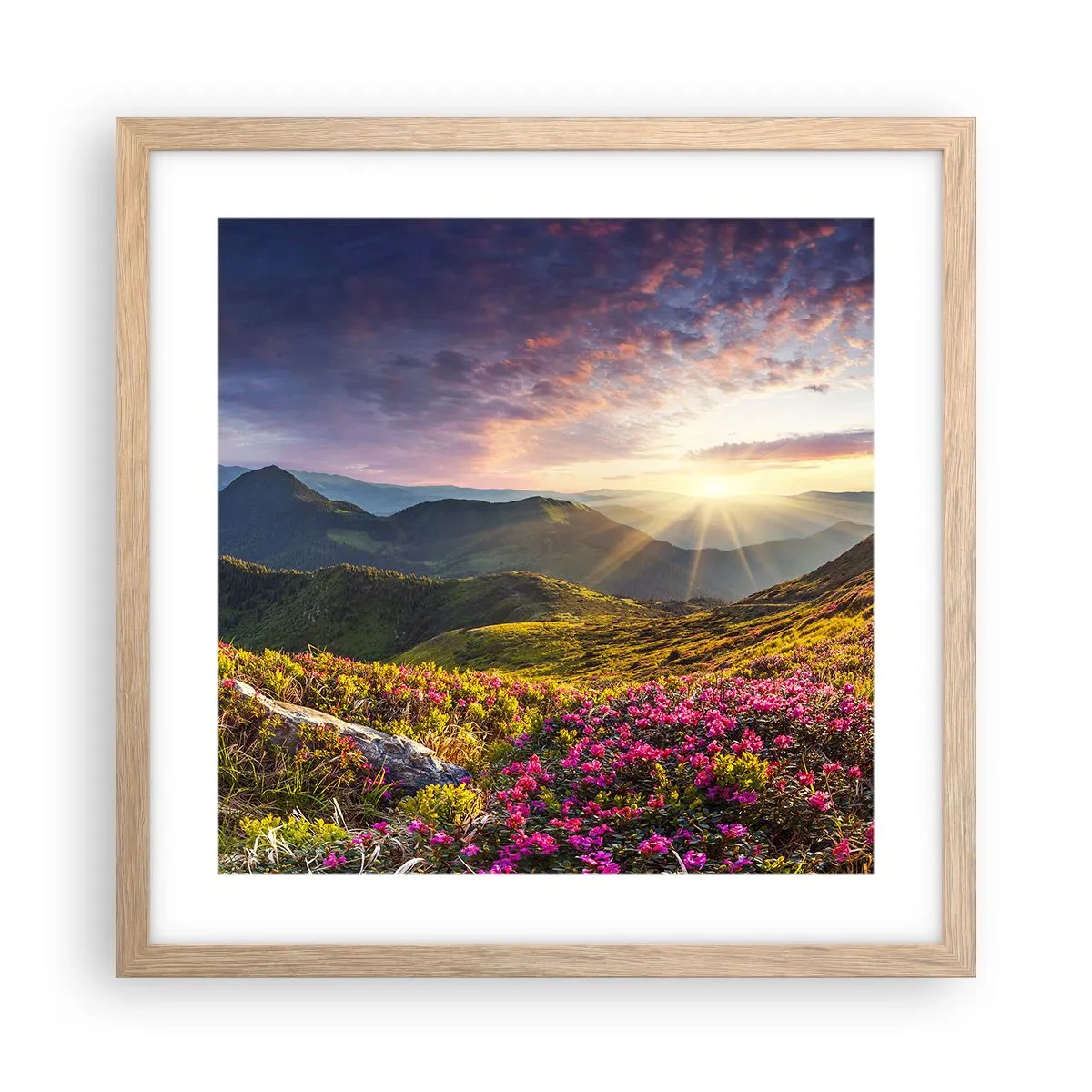 Een poster in een licht eiken lijst - Frisheid in de ochtend in de bergen - 40x40 cm