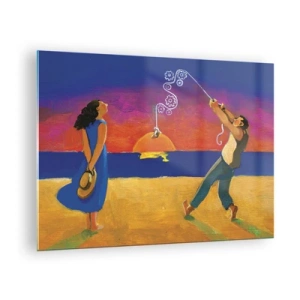 Schilderen op glas - Kleurrijk abstract van een stel op het strand bij zonsondergang - 70x50cm - Meer dan een sterretje uit de lucht - Moderne wanddecoratie voor woonkamer en slaapkamer ARTTOR