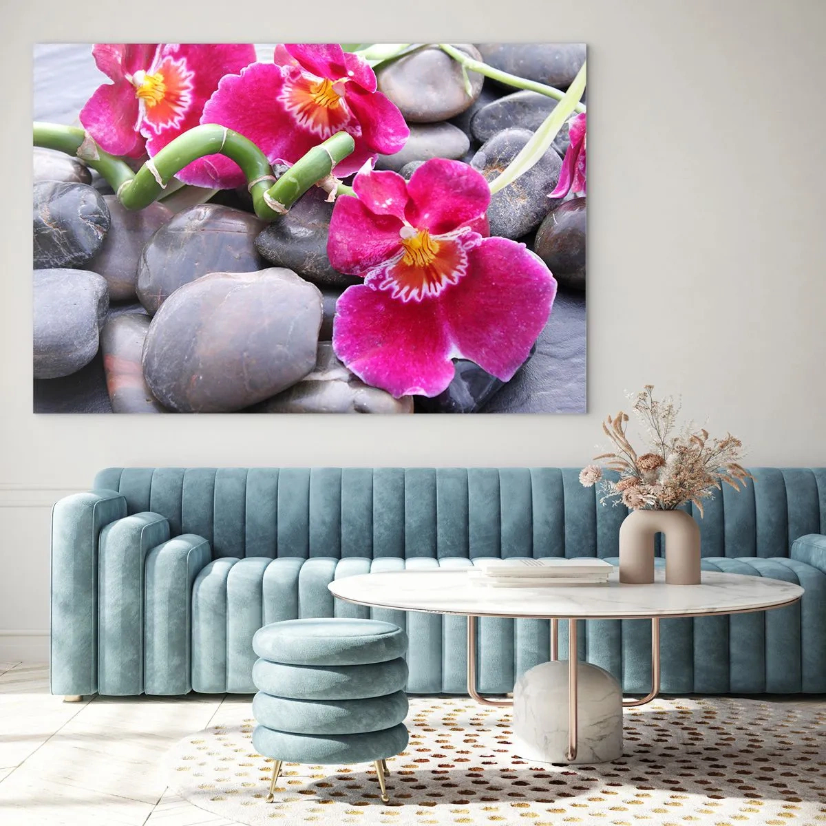 Schilderen op glas - Roze orchideeën met bamboe op stenen - 70x50cm - Kou en hitte - Moderne wanddecoratie voor woonkamer en slaapkamer ARTTOR