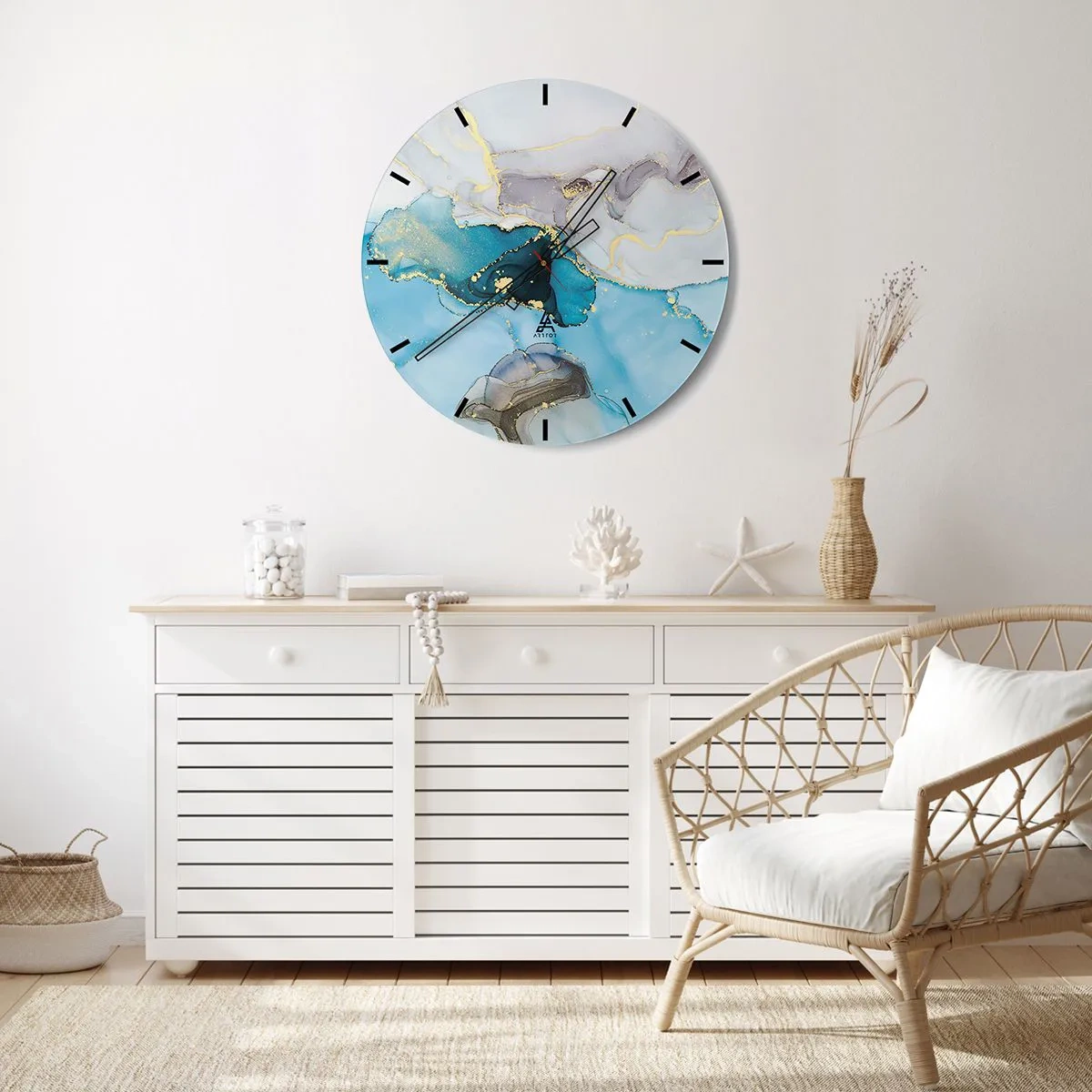 Wandklok - Klok - Een abstracte combinatie van grijze, turquoise en gouden accenten - 30x30cm - Een studie van de ontmoeting van grijs en turkoois - Moderne wanddecoratie voor woonkamer, keuken en slaapkamer ARTTOR
