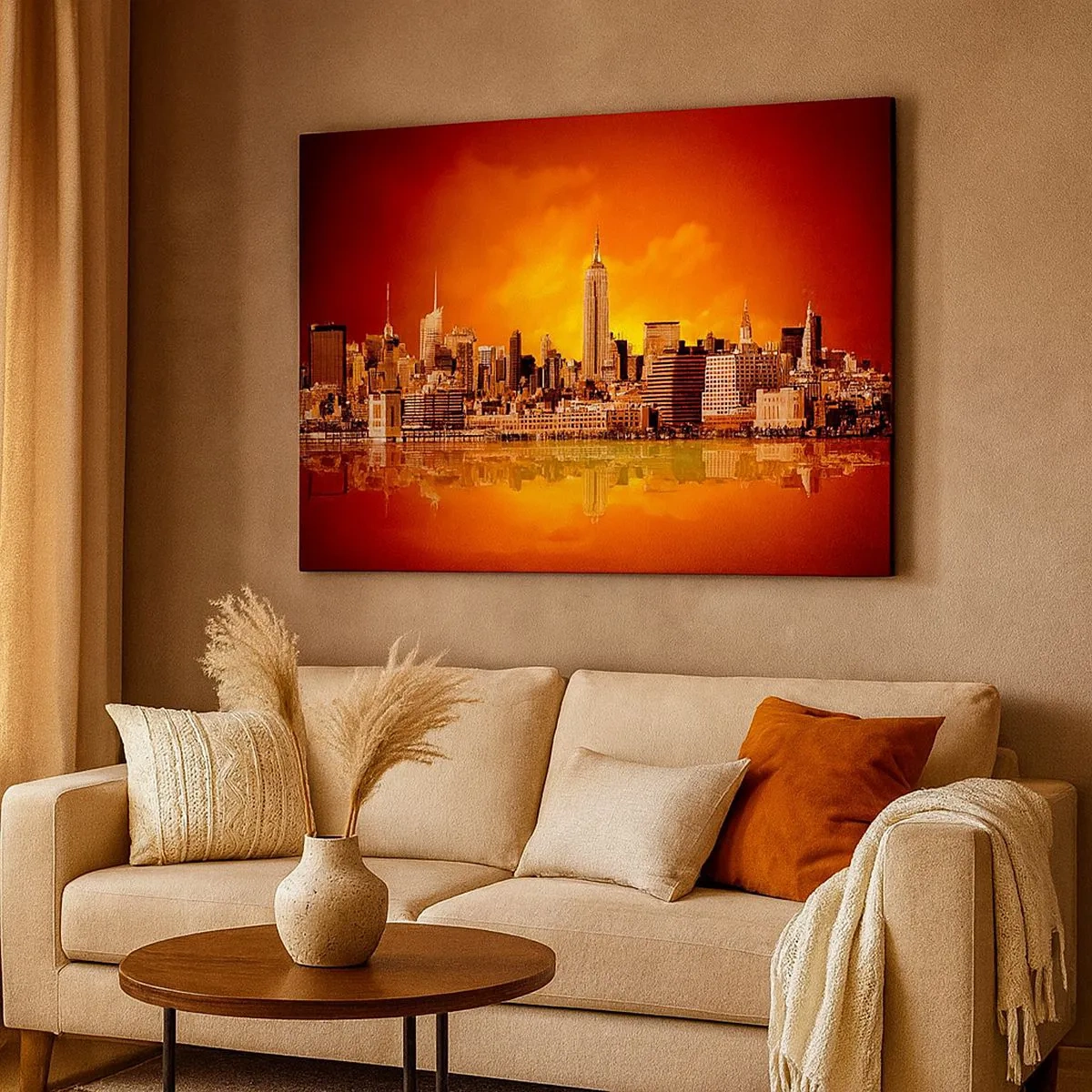 Schilderen op canvas - Panorama van de stad bij zonsondergang met gebouwen weerspiegeld in het water - 70x50cm - Het grote stadspanorama in geel en brons - Moderne wanddecoratie voor woonkamer en slaapkamer ARTTOR