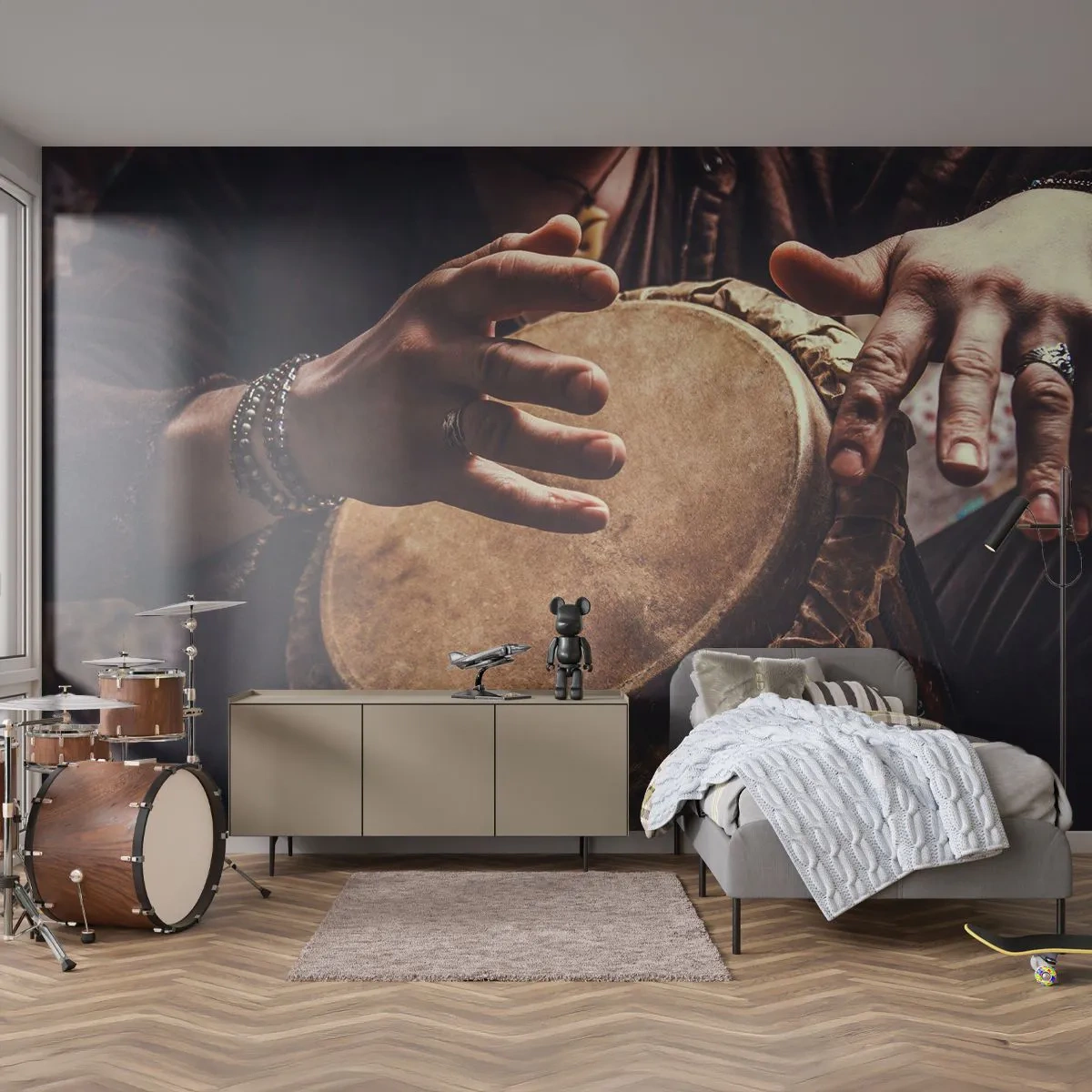 Fotobehang Premium Sand - Op het ritme van het hart - Drumspel, Afrika, Muziek - 300x210 cm