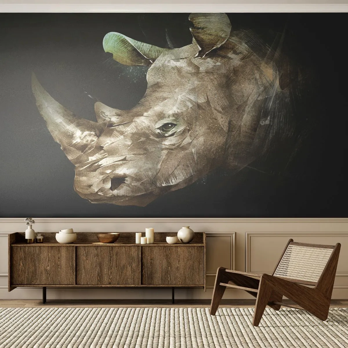 Fotobehang Premium Canvas - Een echte mannelijke kracht - Abstractie, Neushoorn, Dieren - 500x350 cm
