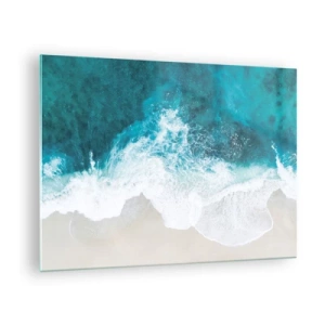 Schilderen op glas - Luchtfoto van zeegolven die tegen de kust beuken - 70x50cm - Natuurlijke streling - Moderne wanddecoratie voor woonkamer en slaapkamer ARTTOR