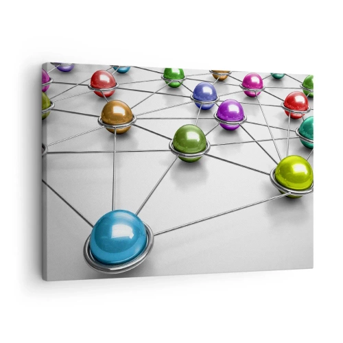 Schilderen op canvas - Kleurrijke ballen verbonden door dunne lijnen op een witte achtergrond - 70x50cm - Kosmisch spinnenweb - Moderne wanddecoratie voor woonkamer en slaapkamer ARTTOR