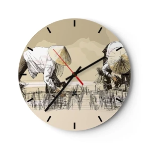 Wandklok - Klok - Een cartoonmotief van boeren die op een rijstveld werken, in beige tinten. - 30x30cm - Succesvolle oogst - Moderne wanddecoratie voor woonkamer, keuken en slaapkamer ARTTOR