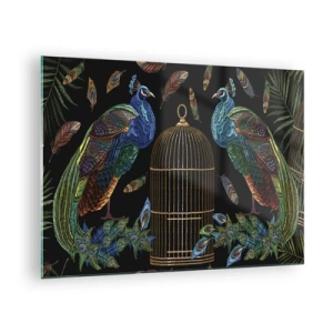 Schilderen op glas - Kleurrijke pauwen en een kooi op een zwarte achtergrond - 70x50cm - In koninklijke gewaden - Moderne wanddecoratie voor woonkamer en slaapkamer ARTTOR