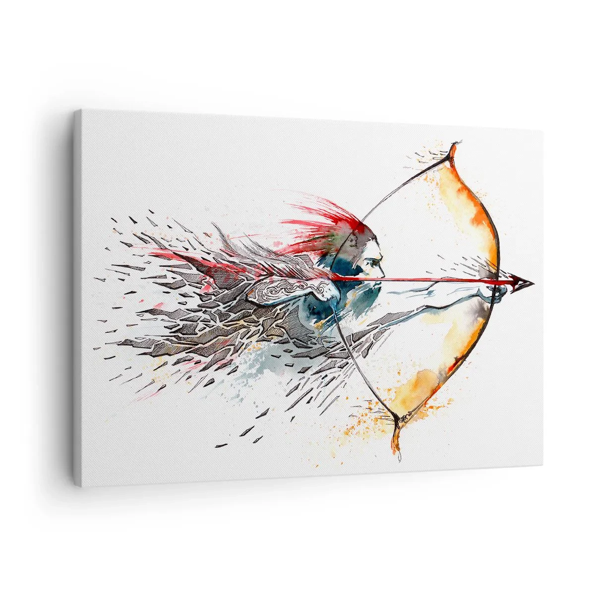 Schilderen op canvas - Dynamisch aquarelschilderij van een krijger met pijl en boog - 70x50cm - Mythische krijger met een vurige boog - Moderne wanddecoratie voor woonkamer en slaapkamer ARTTOR
