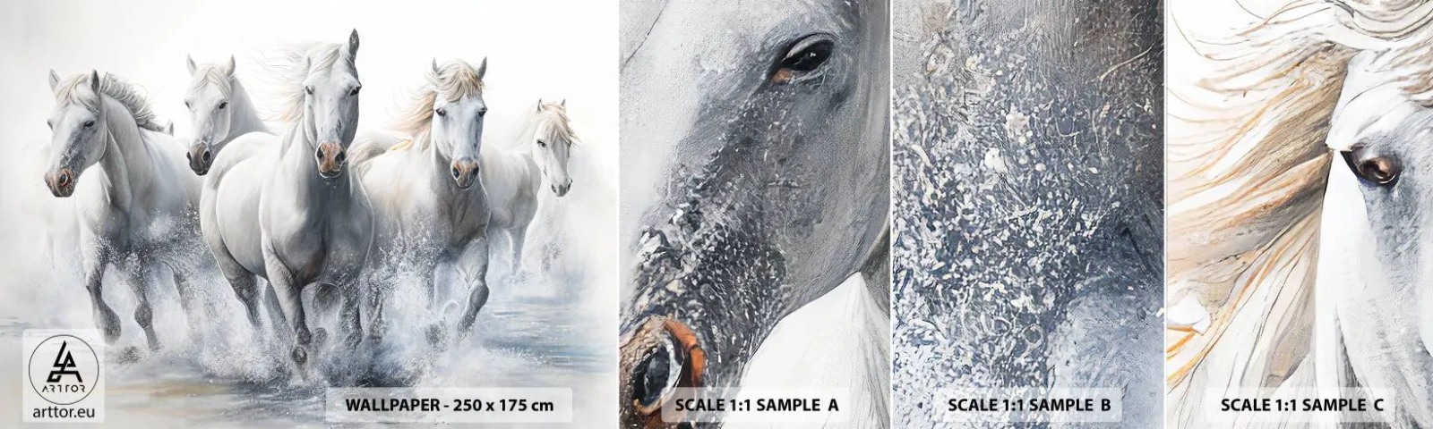 Fotobehang Staaltje Standard Eco - Witte magie - Paarden, Dieren, Waterverf - 100x30 cm