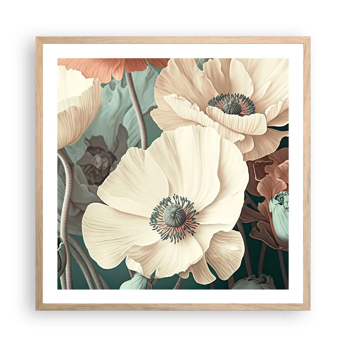 Een poster in een licht eiken lijst - Het gefluister van klaprozen - 60x60 cm