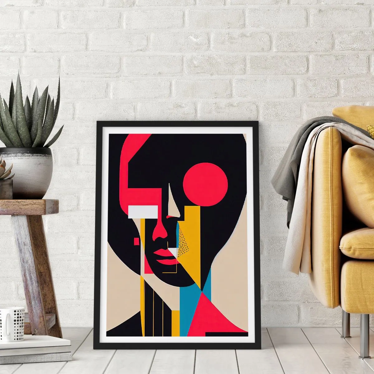 Poster in een zwarte lijst - Abstract portret in een geometrische compositie - 50x70cm - Haar innerlijke wereld - Moderne wanddecoratie voor woonkamer en slaapkamer ARTTOR