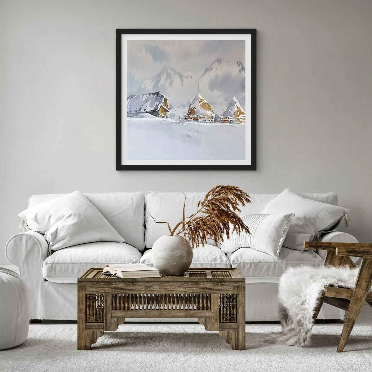 Poster in een zwarte lijst - In een besneeuwde vallei - 60x60 cm