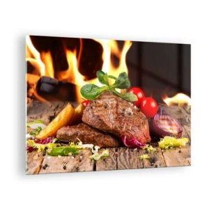 Schilderen op glas - Gegrilde biefstuk met groenten tegen de achtergrond van vlammen - 70x50cm - Opgewekt door hitte - Moderne wanddecoratie voor woonkamer en slaapkamer ARTTOR