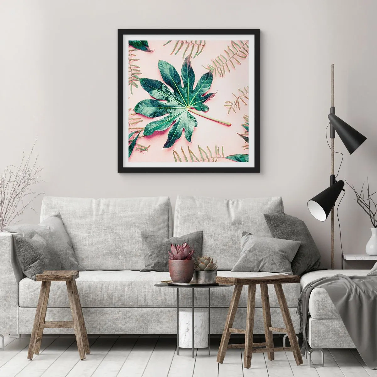 Poster in een zwarte lijst - Een studie van groen op een roze achtergrond - 60x60 cm