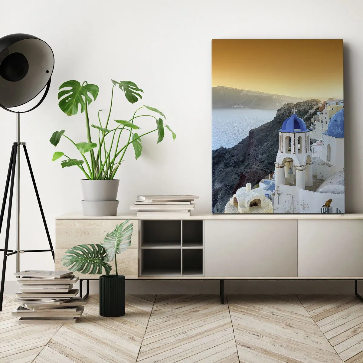 Schilderen op canvas - Santorini - genesteld tegen de rotsen - 50x70 cm