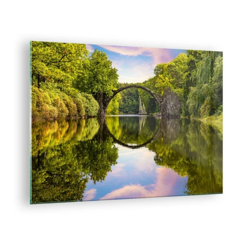 Schilderen op glas - Een stenen brug weerspiegeld in het kalme oppervlak van het meer - 70x50cm - Op de kruising van twee werelden - Moderne wanddecoratie voor woonkamer en slaapkamer ARTTOR