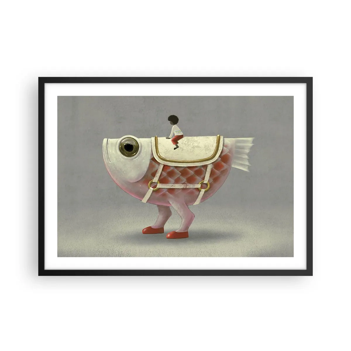 Poster in een zwarte lijst - Ruiter op een surrealistische vis - 70x50 cm