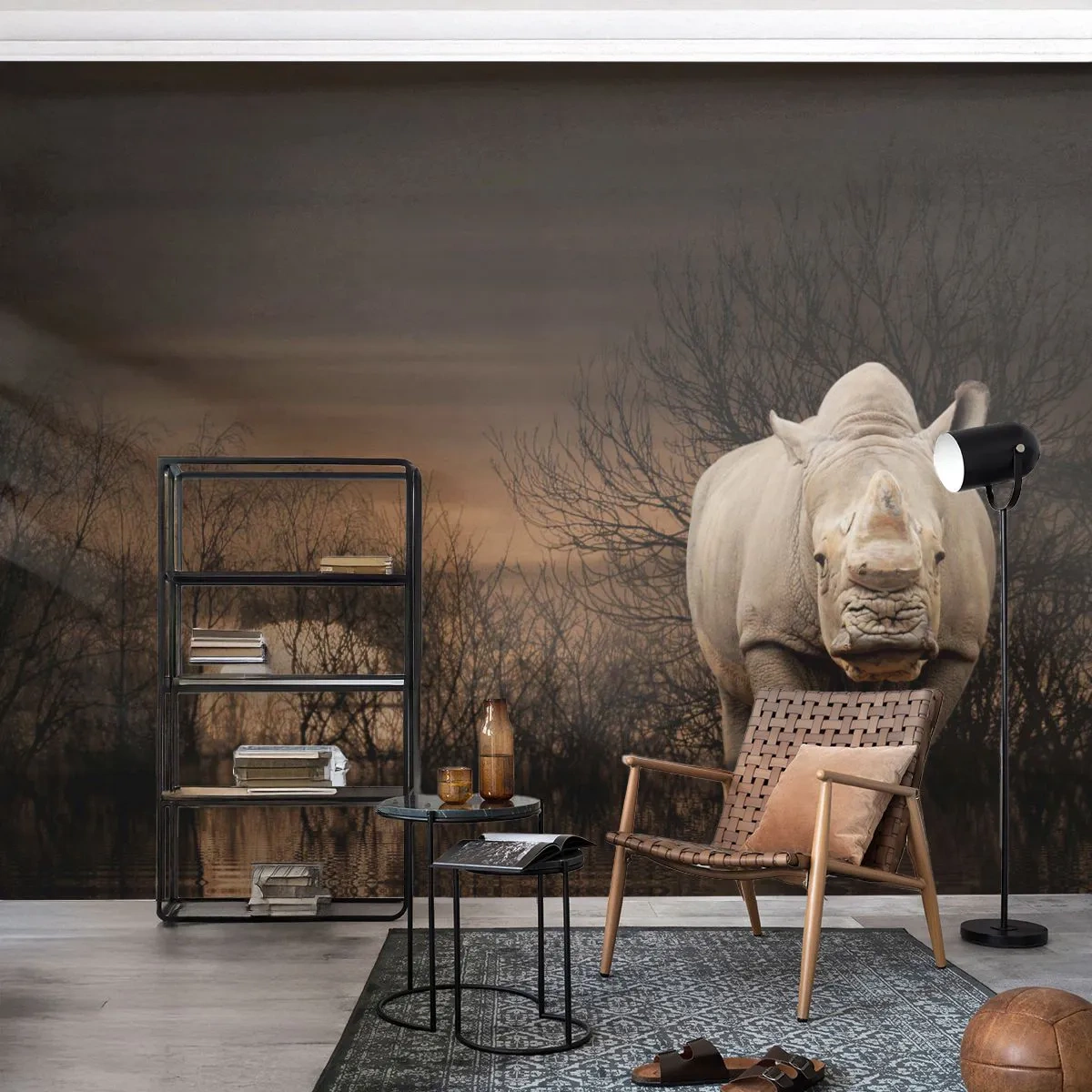 Zelfklevend Fotobehang Deluxe Sticker - Wit tegen de natuur - Neushoorn, Dieren, Afrika - 250x175 cm