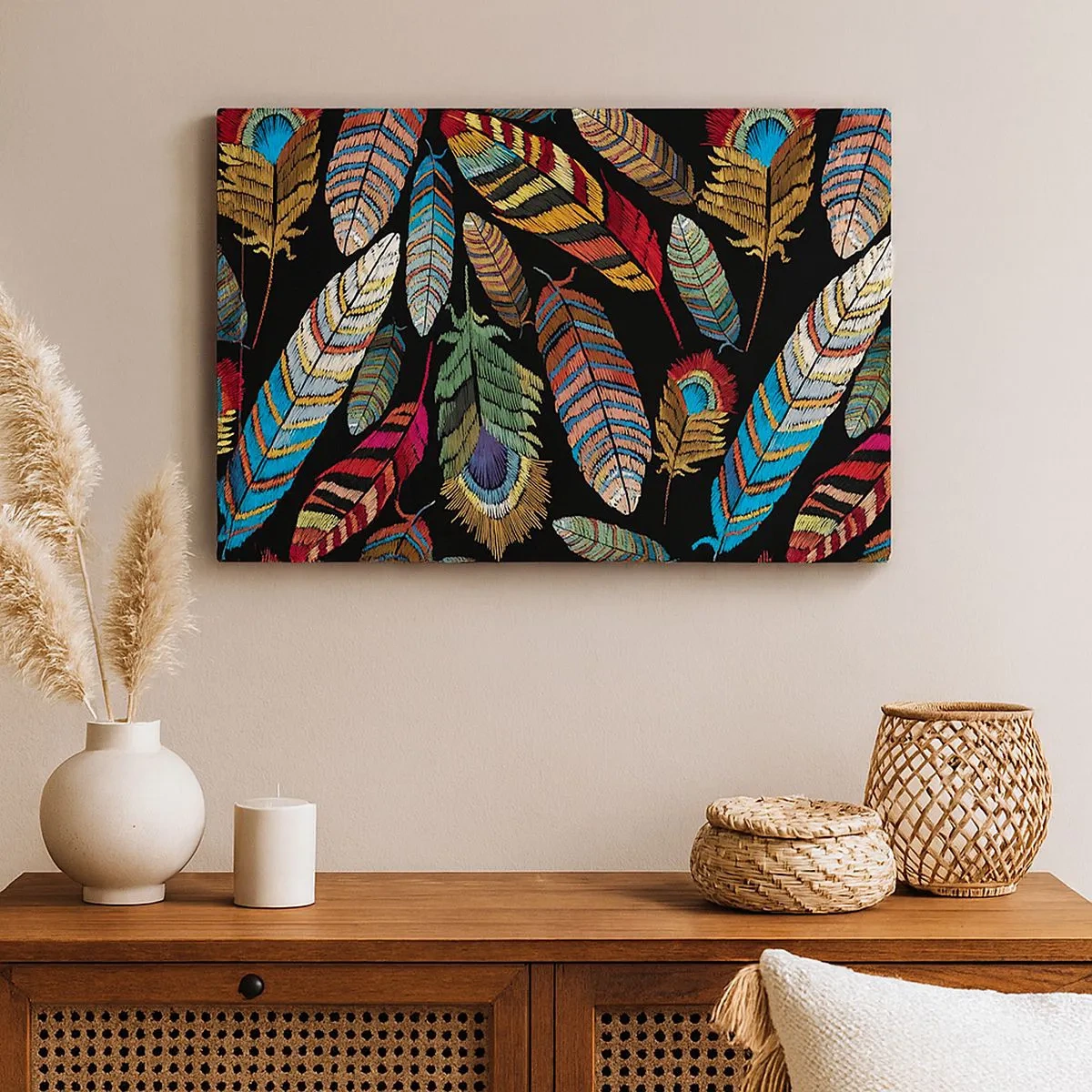 Schilderen op canvas - Kleurrijke veren op een zwarte achtergrond - 70x50cm - Het vogelcarnaval - Moderne wanddecoratie voor woonkamer en slaapkamer ARTTOR