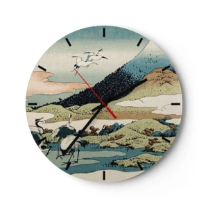 Wandklok - Klok - Japans tafereel met vogels tegen een berglandschap - 30x30cm - In de Japanse geest - Moderne wanddecoratie voor woonkamer, keuken en slaapkamer ARTTOR